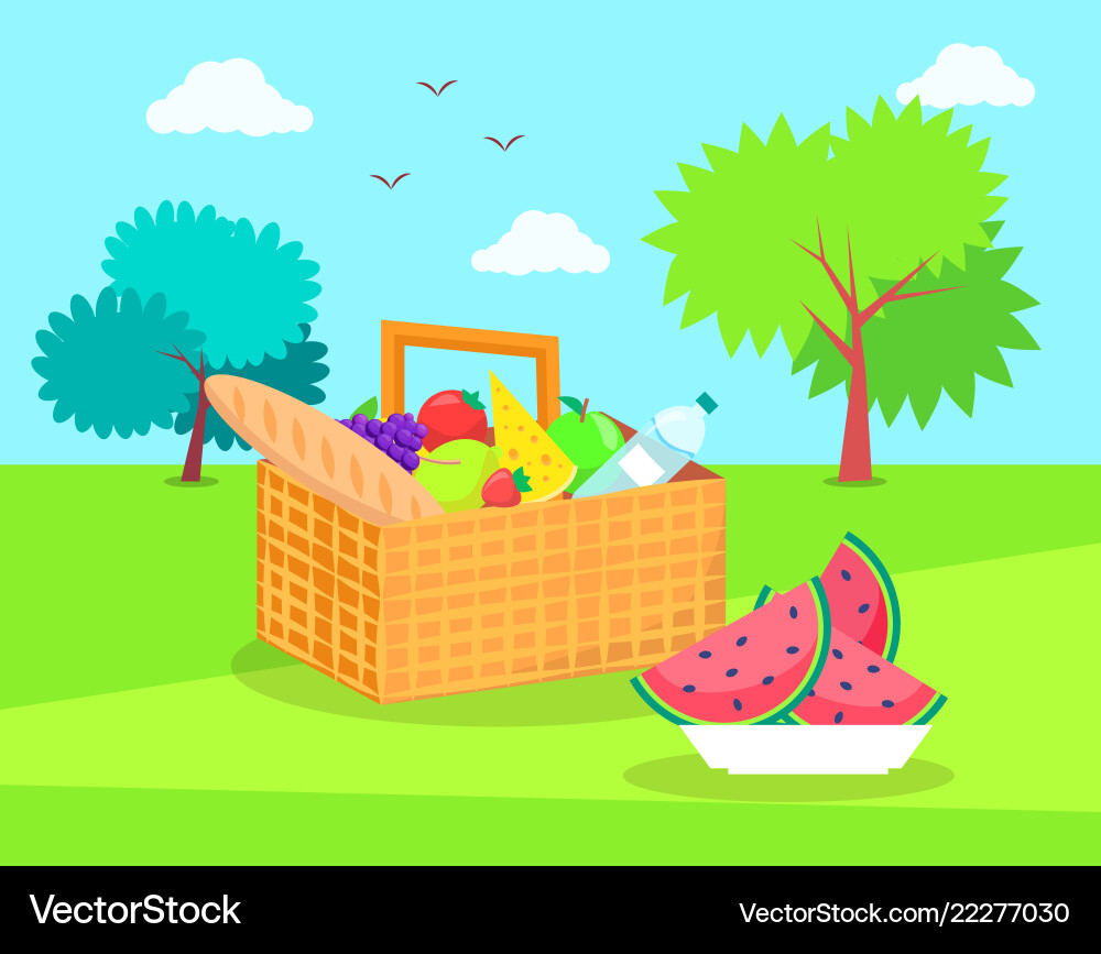 Picnic basket with fresh vegetables and fruits Picnic basket with fresh vegetables and fruits vector image