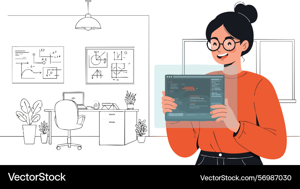 Woman programmer coding on transparent screen Woman programmer coding on transparent screen vector image