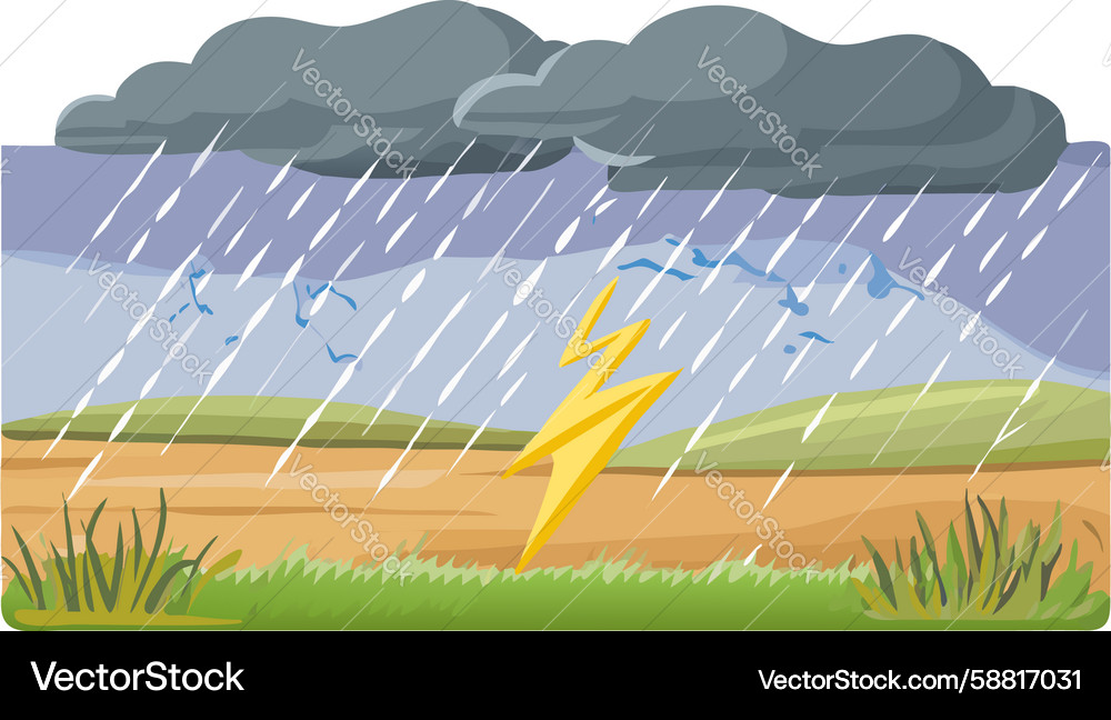 Rainstorm over fields with lightning art design Vector Image
