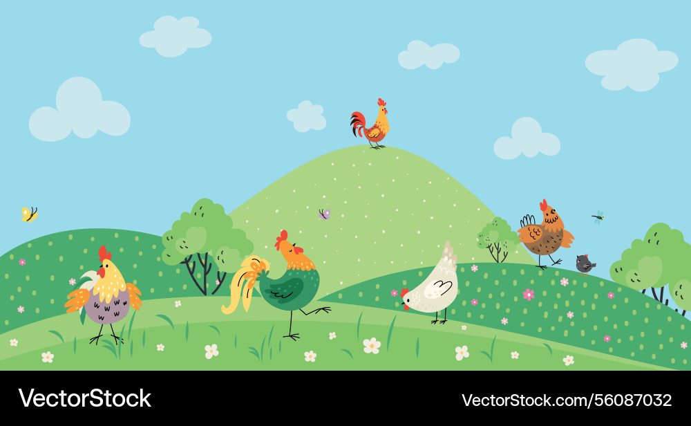 Chicken on meadow with grass and flowers cartoon Chicken on meadow with grass and flowers cartoon vector image