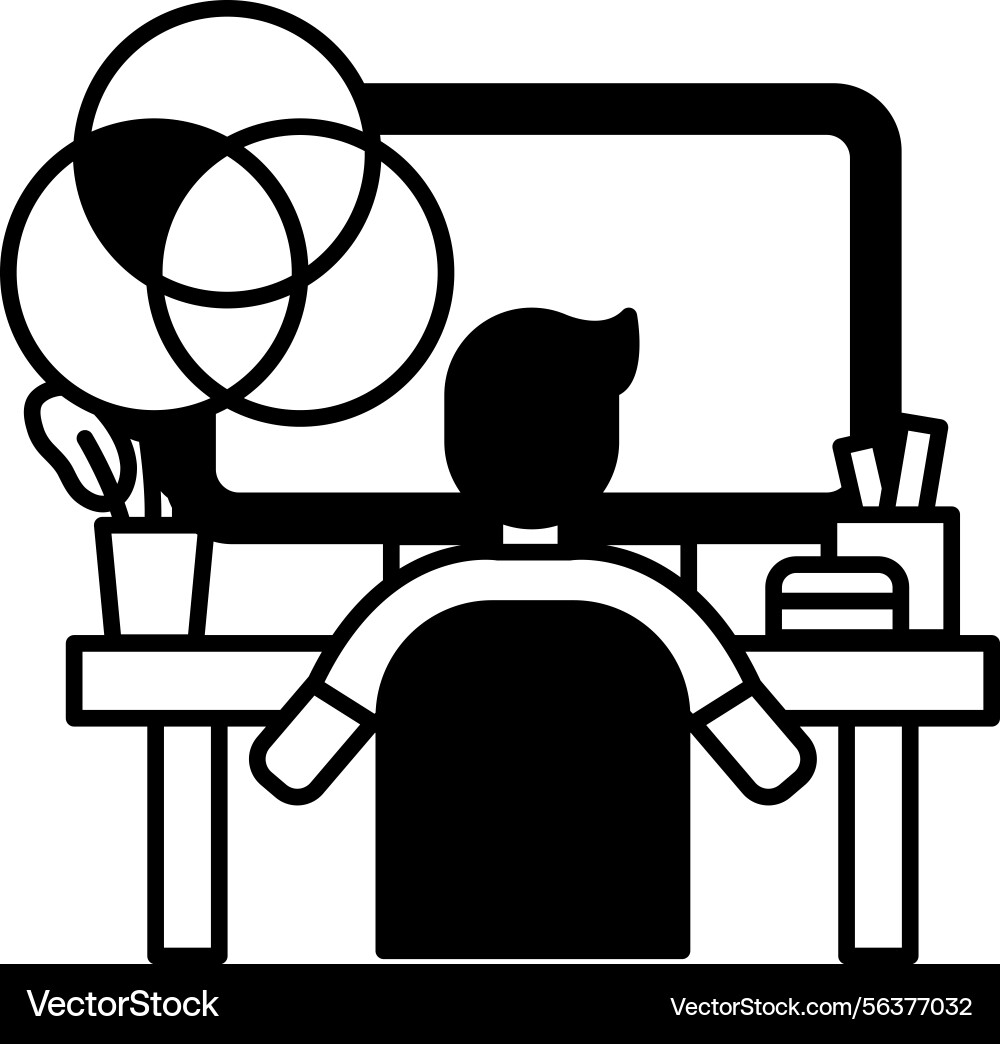 Man is sitting at a desk with computer monitor Man is sitting at a desk with computer monitor vector image