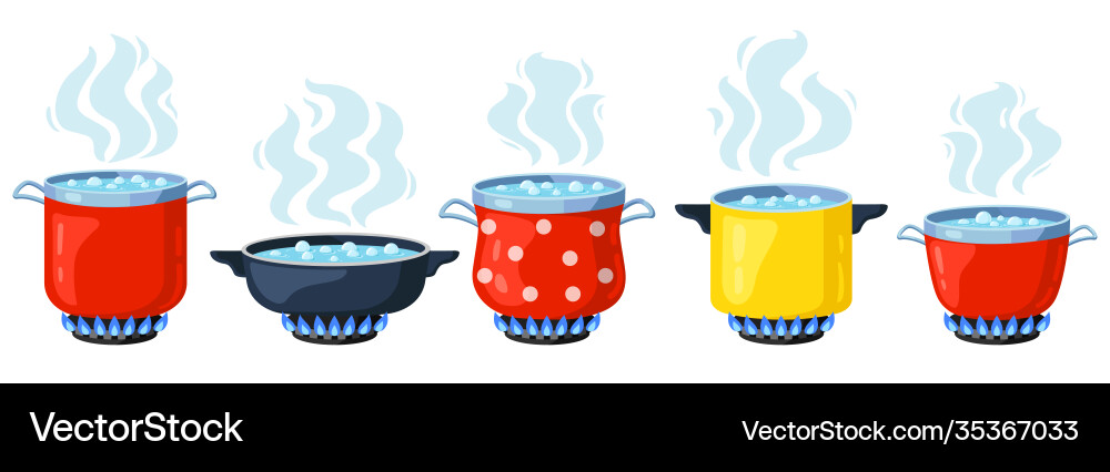 Cooking Pots and Saucepan - Boiling Water Vector Image