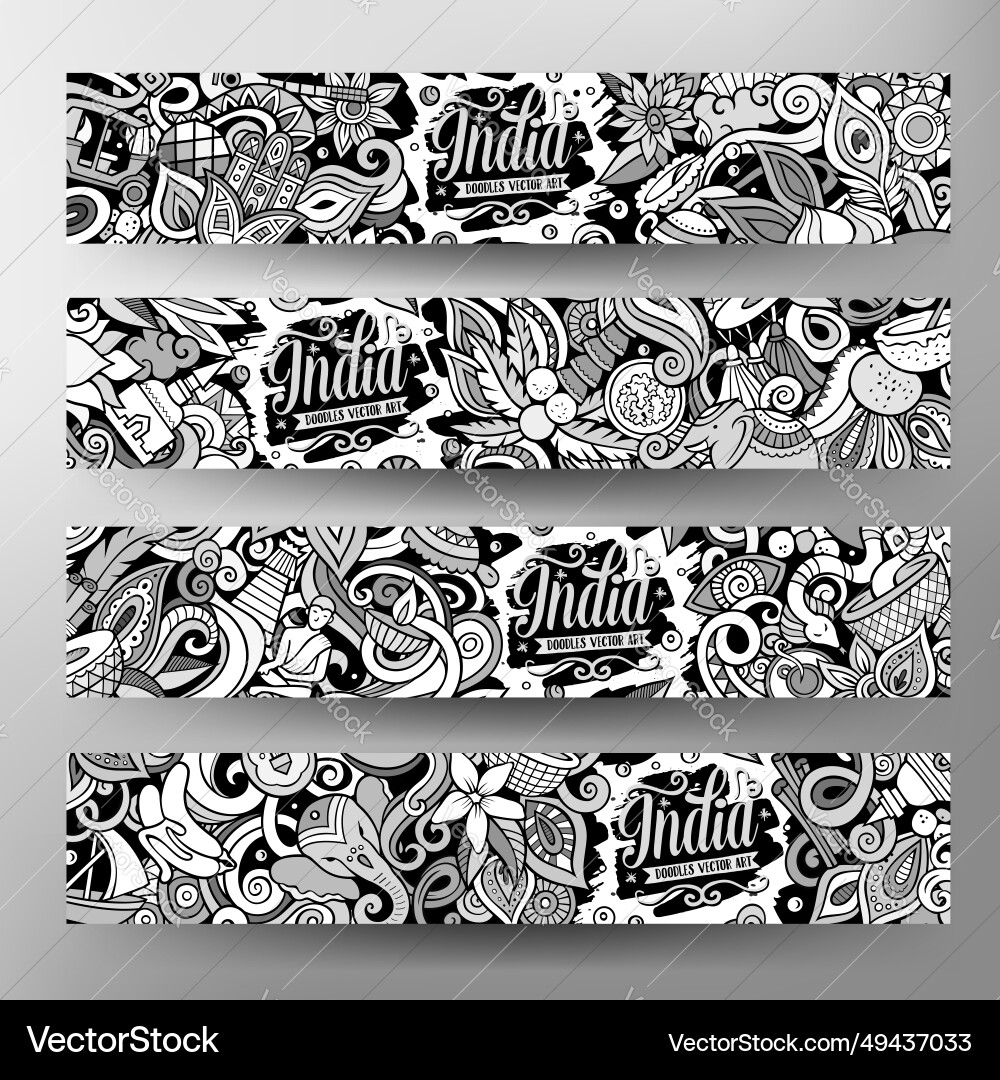 India doodle banners set cartoon detailed flyers India doodle banners set cartoon detailed flyers vector image