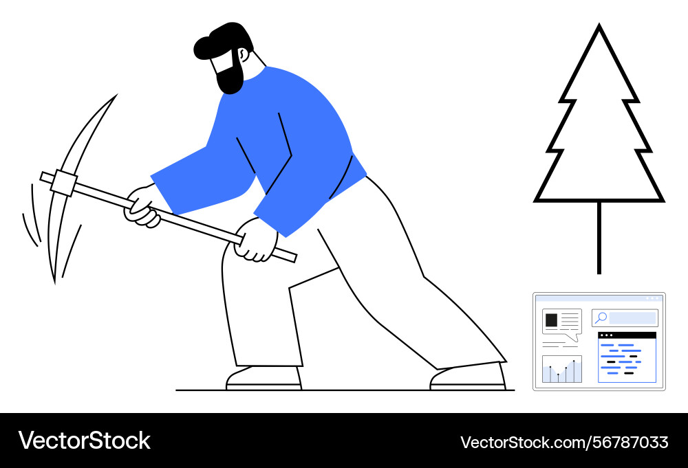 Man mining with pickaxe near tree and data charts Man mining with pickaxe near tree and data charts Vector Image