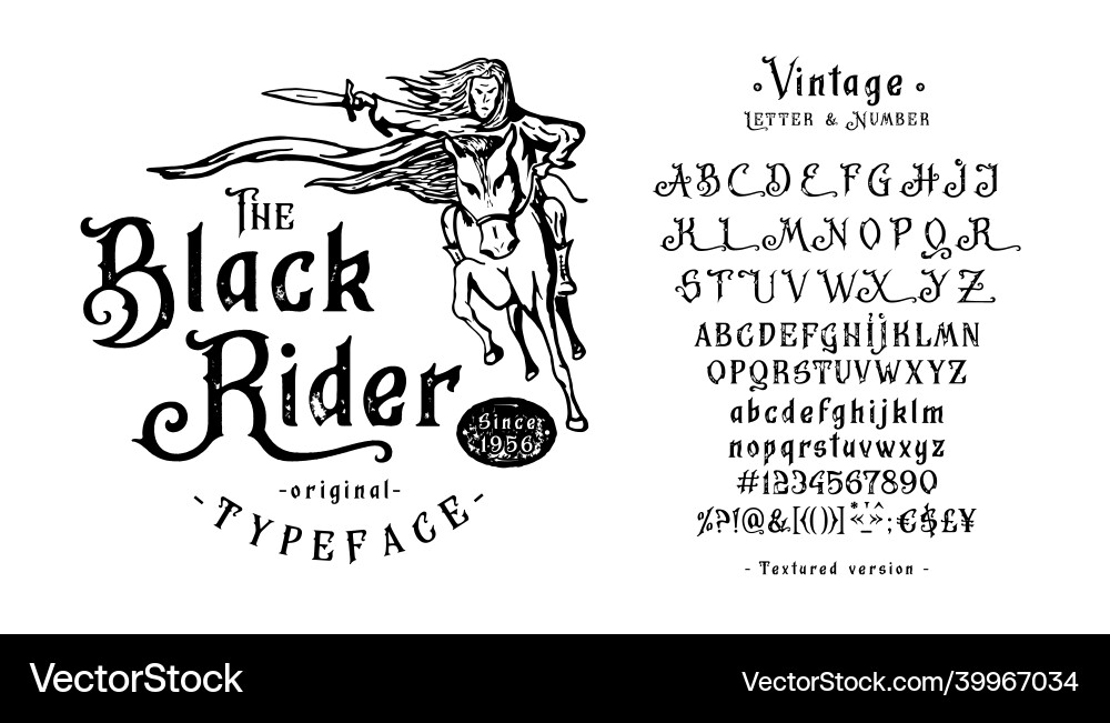 Font black rider vintage design label Font black rider vintage design label vector image