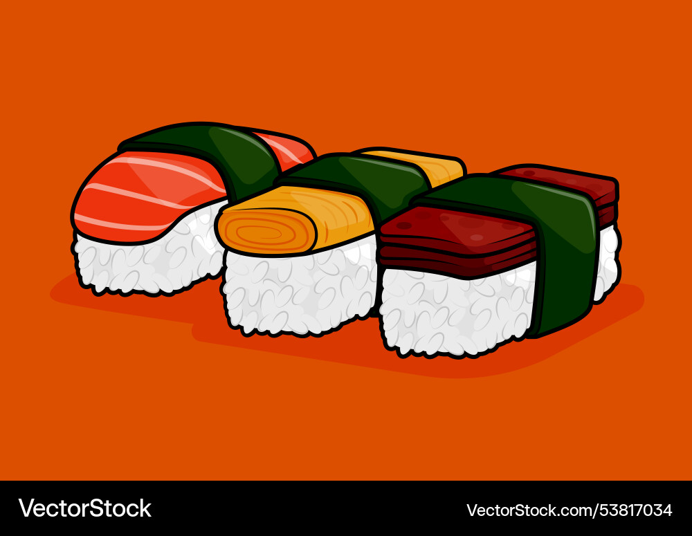 Rice sushi with various toppings in eggs spam Vector Image