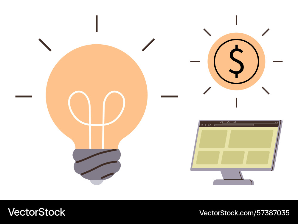 Light bulb dollar coin and computer screen Light bulb dollar coin and computer screen vector image