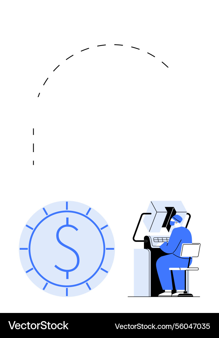 Worker in front of computer station with coin Worker in front of computer station with coin Vector Image