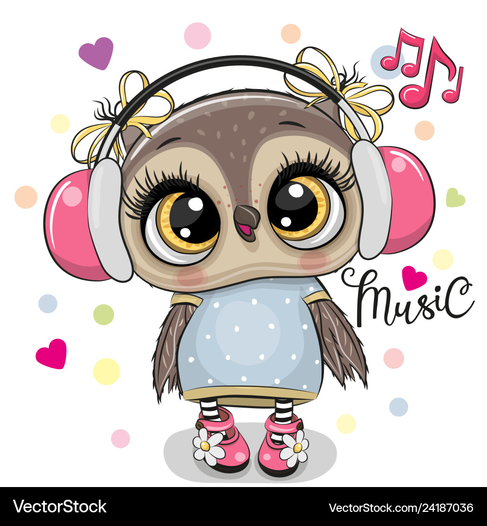 Cartoon owl girl with headphones on a white vector image