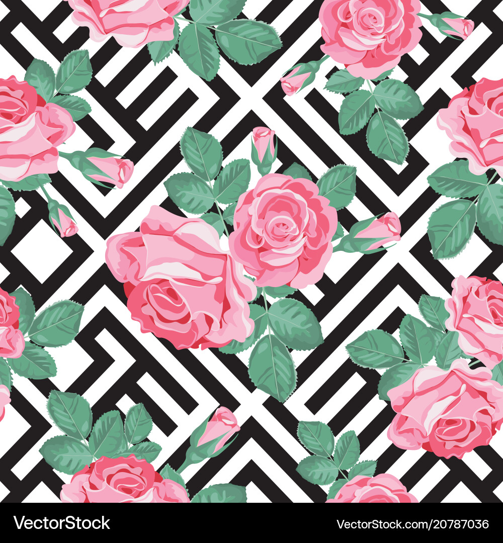 Floral seamless pattern pink roses with leaves vector image