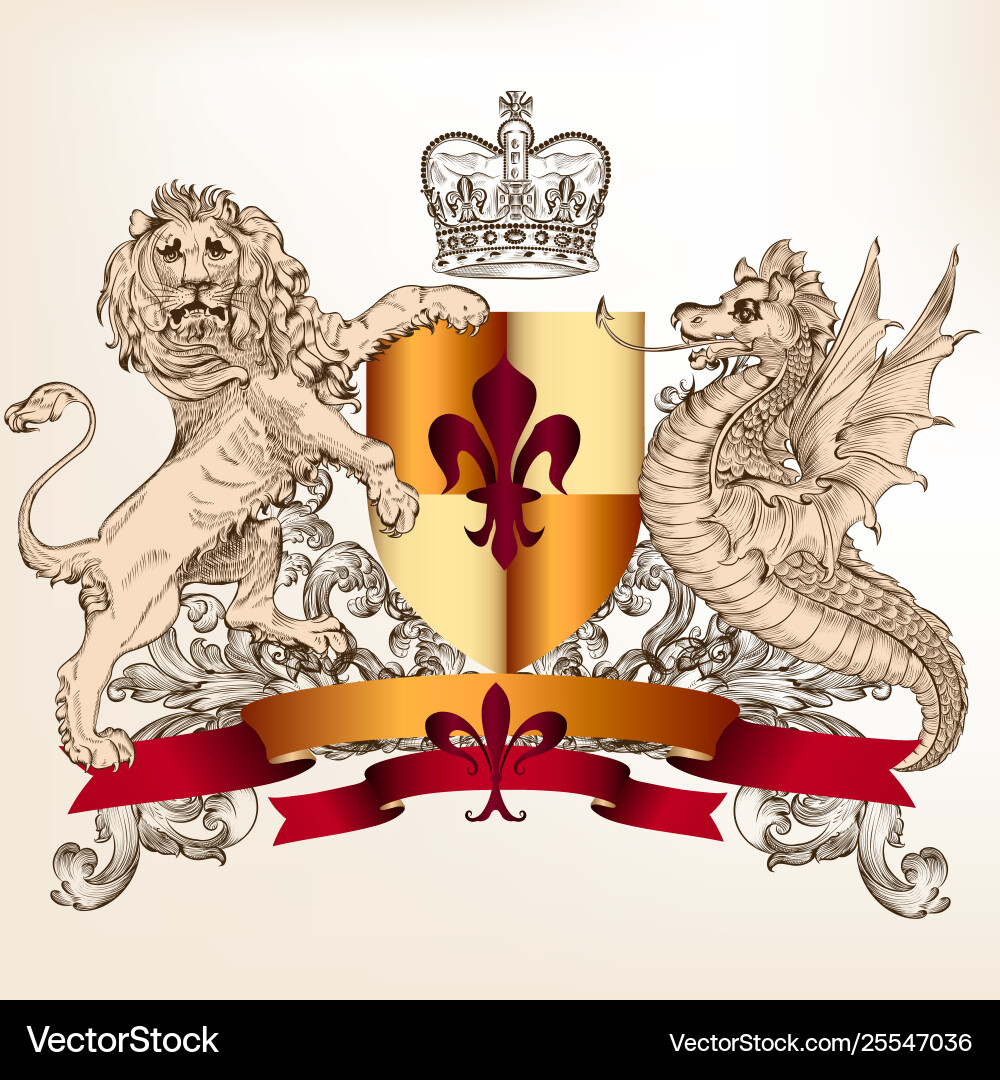 Heraldic Shield with Dragon and Lion Vector Image