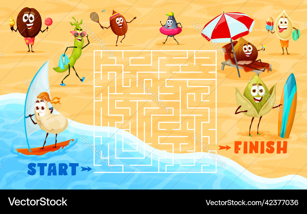 Labyrinth maze game with nuts characters on beach Labyrinth maze game with nuts characters on beach vector image