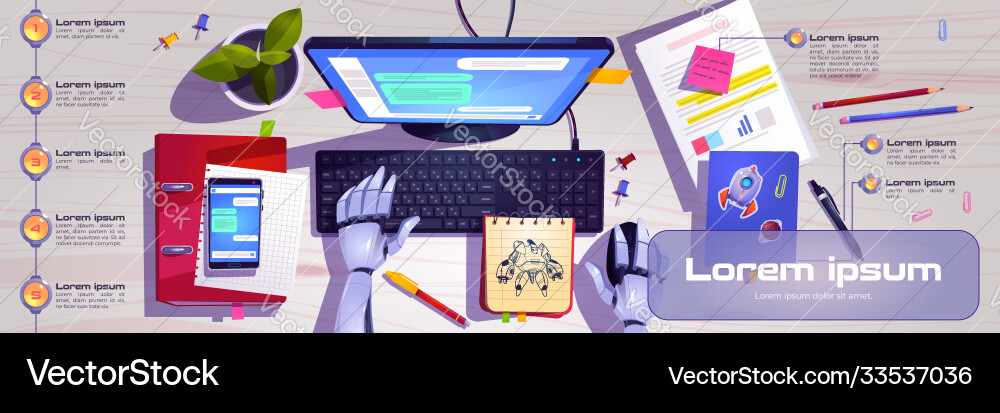 Workspace with robot hands working on computer Workspace with robot hands working on computer vector image