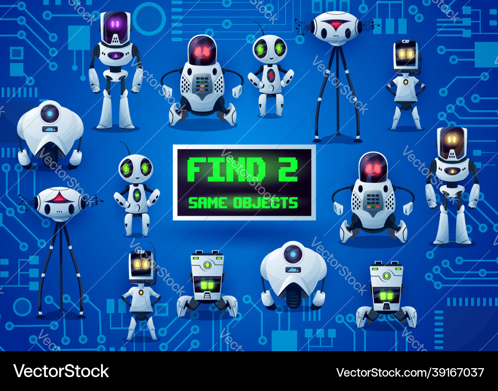Find two same robots game cartoon droids riddle Find two same robots game cartoon droids riddle vector image