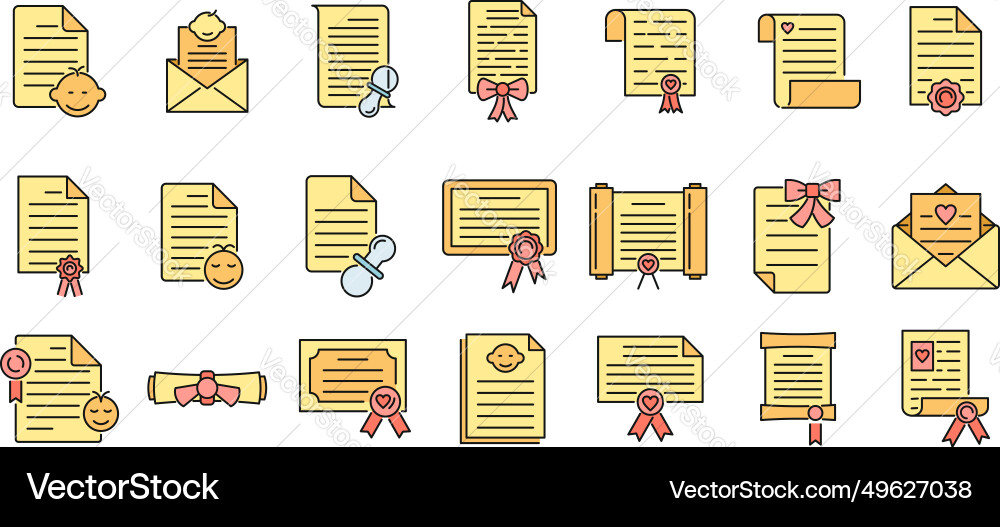 Certificate of birth icons set color Vector Image