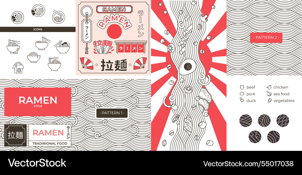 Web icons and patterns labels ramen menu Vector Image