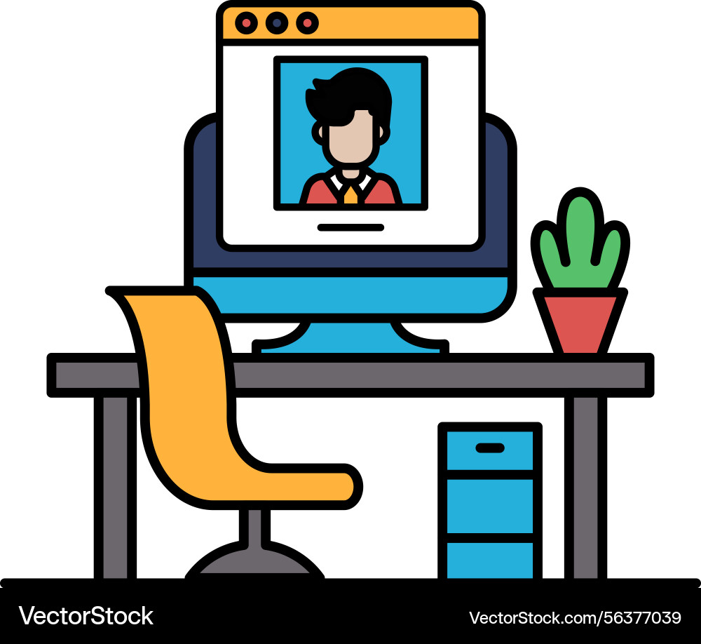 A computer monitor with mans face on it sits A computer monitor with mans face on it sits vector image