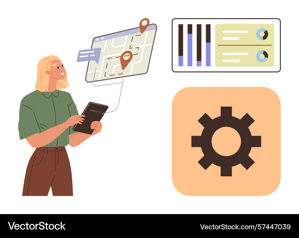 Woman analyzing data on tablet with map analytics Woman analyzing data on tablet with map analytics vector image