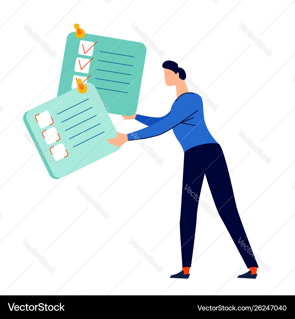 Man holds in hands task card with check marks Man holds in hands task card with check marks vector image