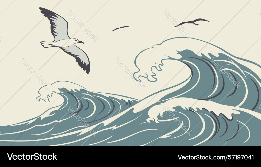 Dynamic ocean wave with seabirds design vector image