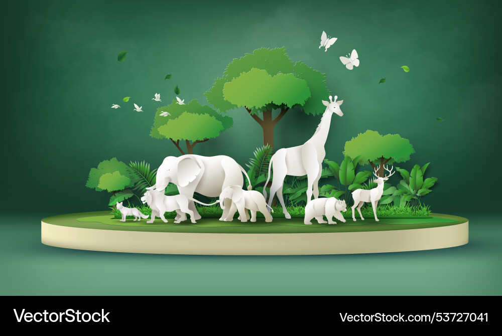 Wildlife safari scene in paper cut art Wildlife safari scene in paper cut art vector image