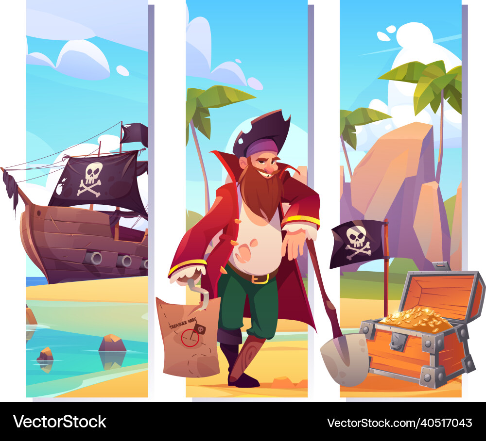 Bookmarks with pirate treasure chest and ship Bookmarks with pirate treasure chest and ship vector image