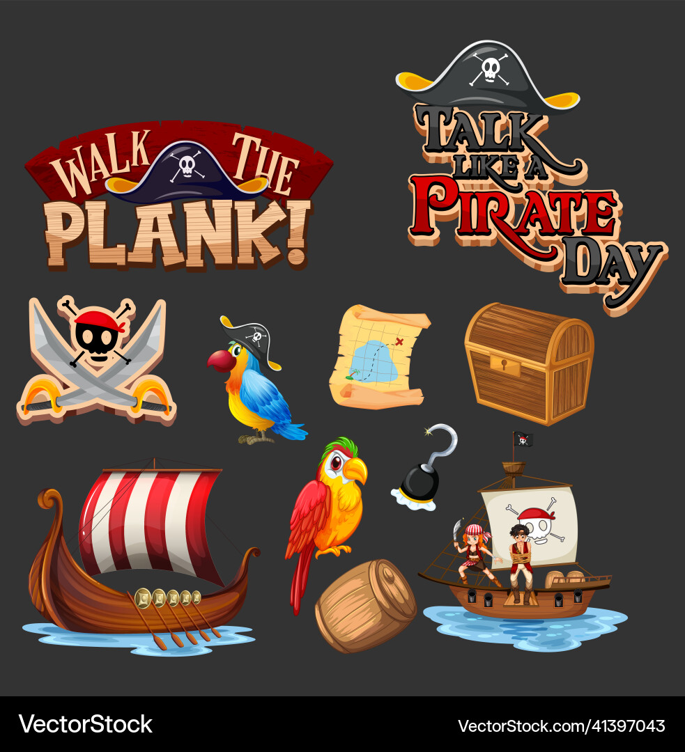 Set of pirate cartoon characters and objects Set of pirate cartoon characters and objects Vector Image