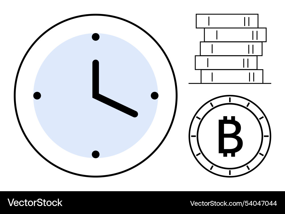 Clock with bitcoin and stack of coins representing Clock with bitcoin and stack of coins representing vector image