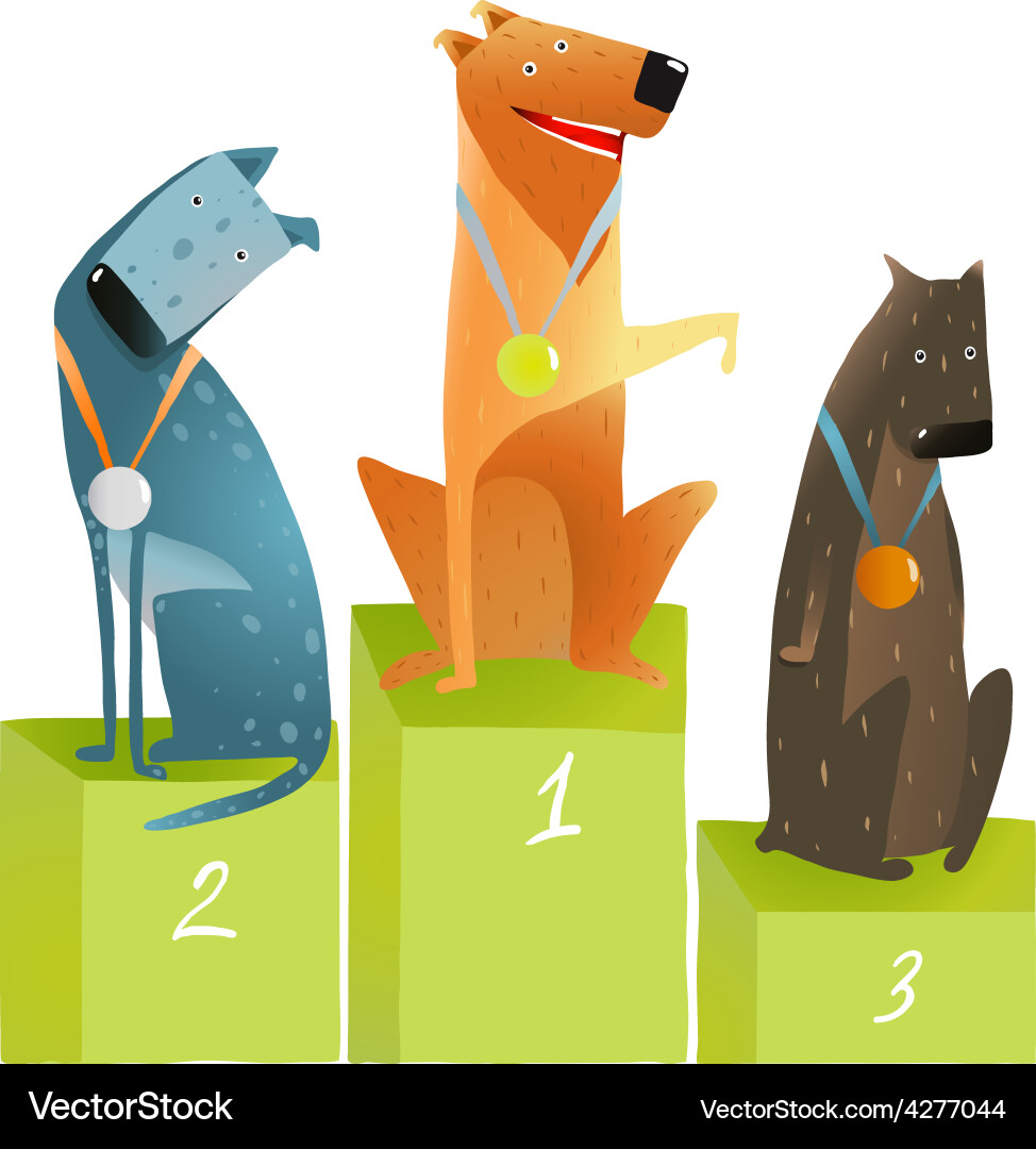 Three winners dogs sitting on podium with medals Vector Image