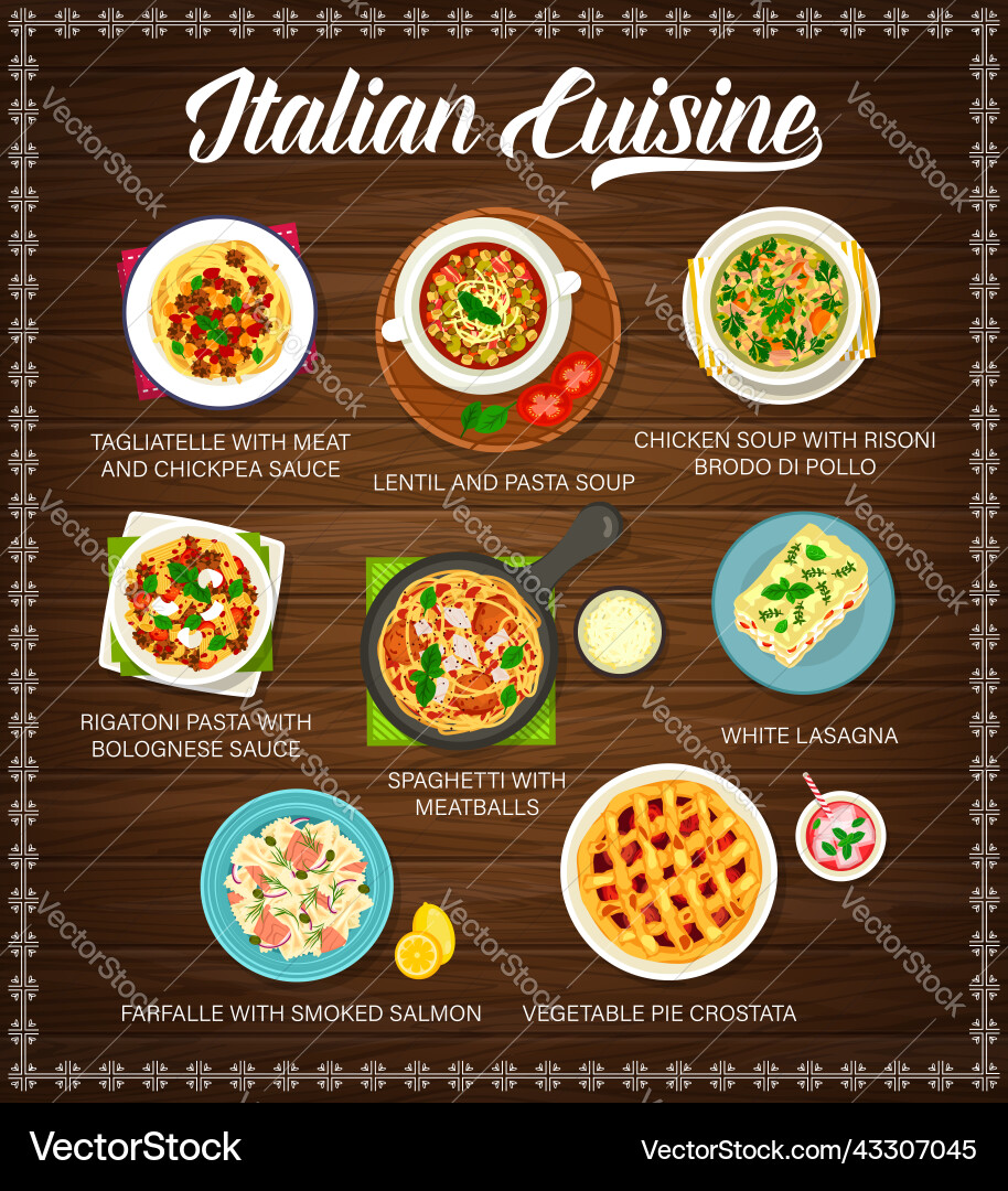 Italian cuisine menu restaurant food dishes meals Italian cuisine menu restaurant food dishes meals vector image