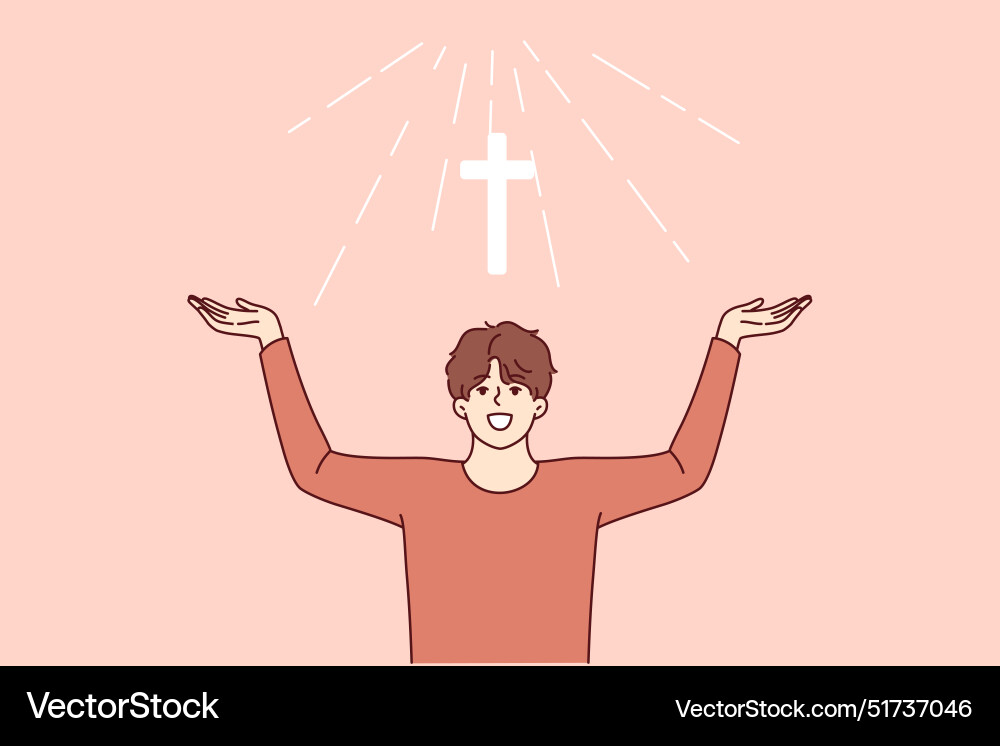 Man with christian cross above head rejoices Man with christian cross above head rejoices Vector Image
