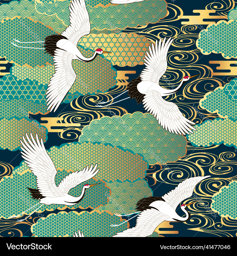 Seamless pattern with cranes and clouds Seamless pattern with cranes and clouds vector image