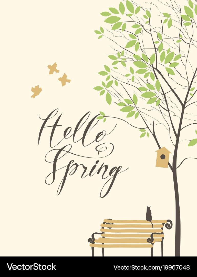 Spring landscape with tree and bench a cat vector image
