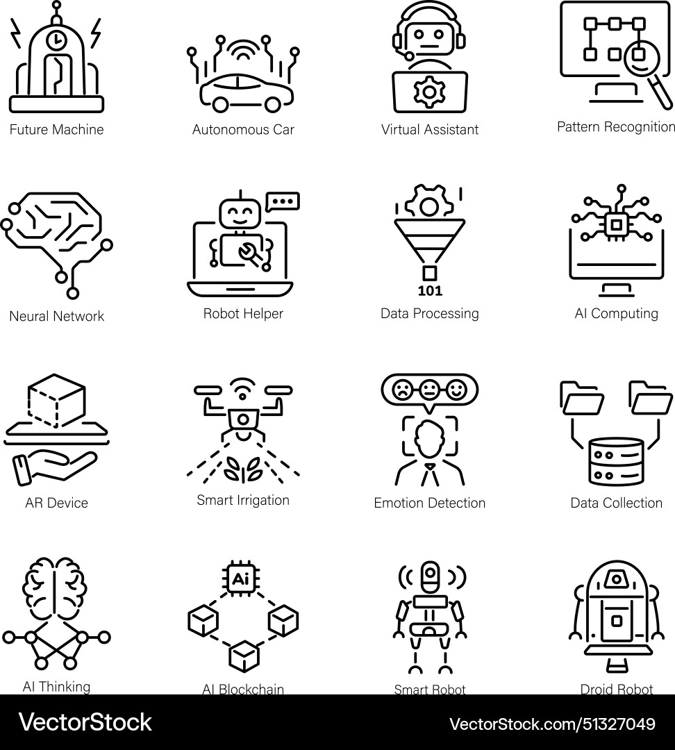 Bundle of artificial intelligence linear icons Bundle of artificial intelligence linear icons vector image
