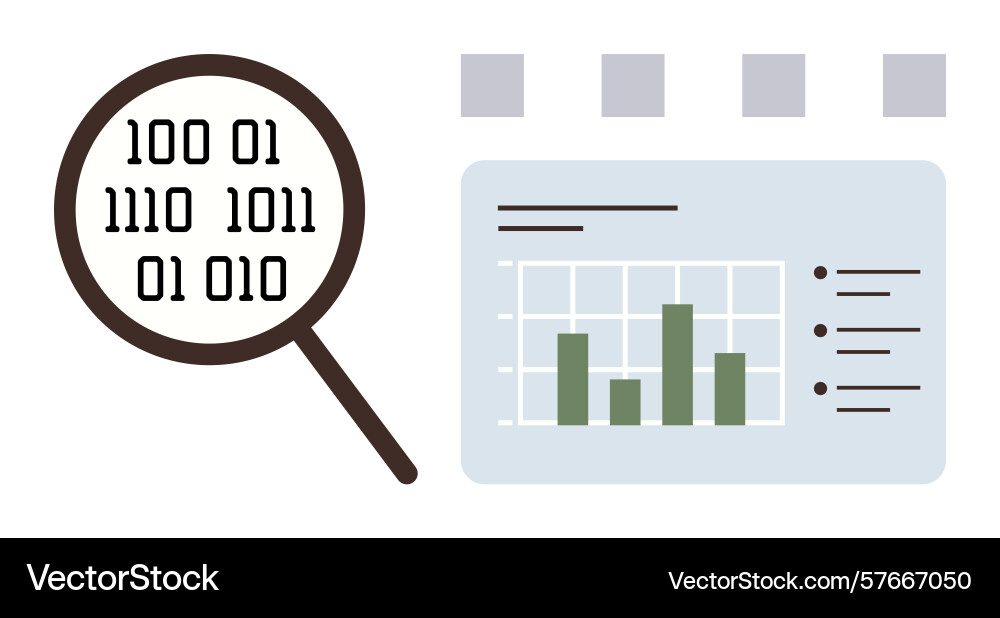 Data analysis with magnifying glass and bar chart vector image
