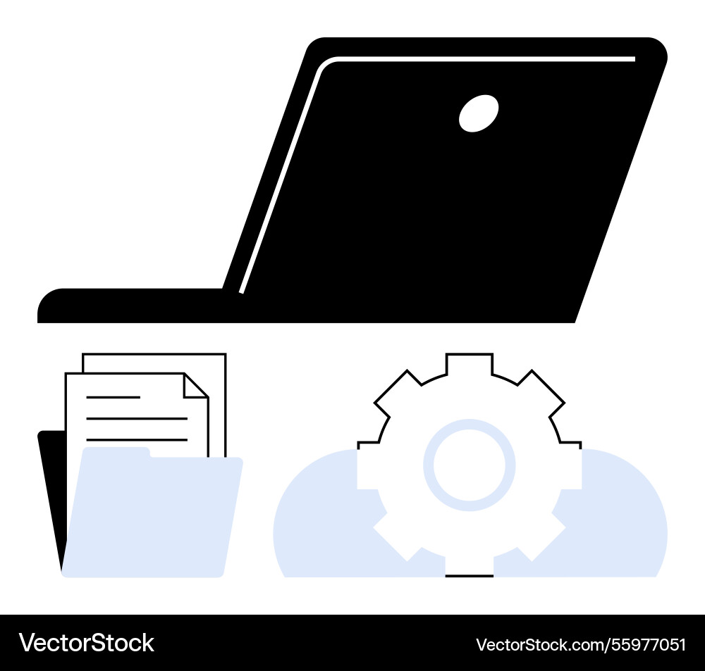 Laptop with document folder and gear representing Vector Image
