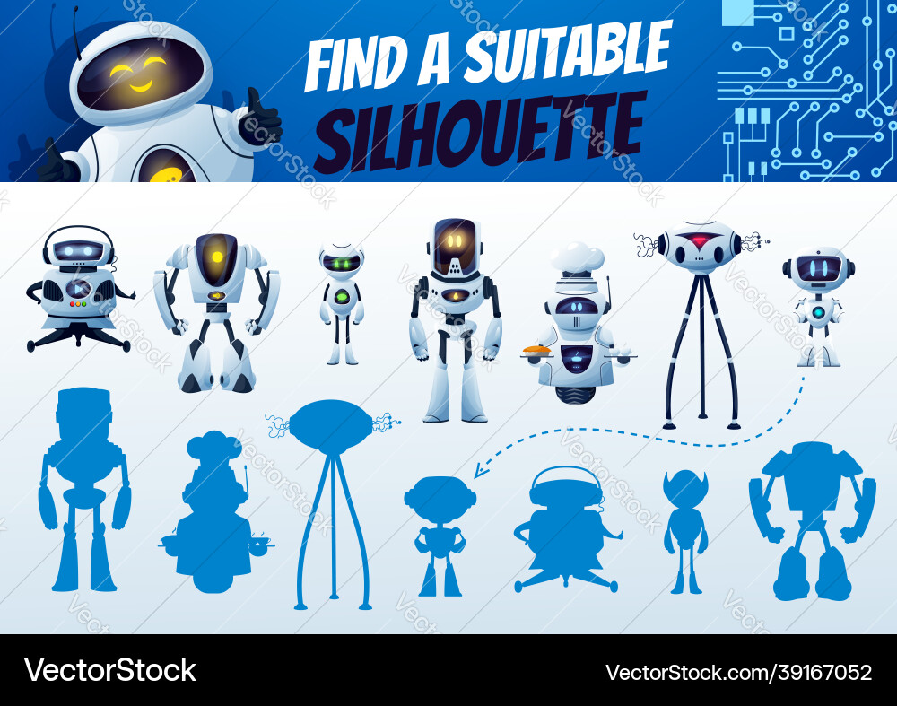 Find a robot silhouette maze game shadow match Find a robot silhouette maze game shadow match vector image