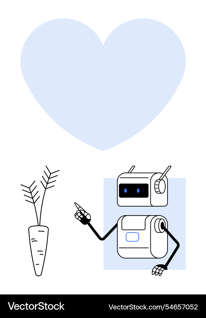Friendly robot pointing at a carrot with heart Friendly robot pointing at a carrot with heart Vector Image