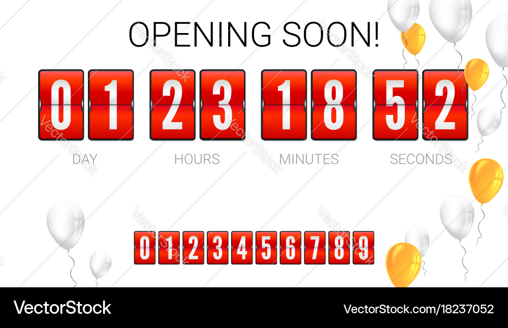Opening soon analog flip clock timer card vector image