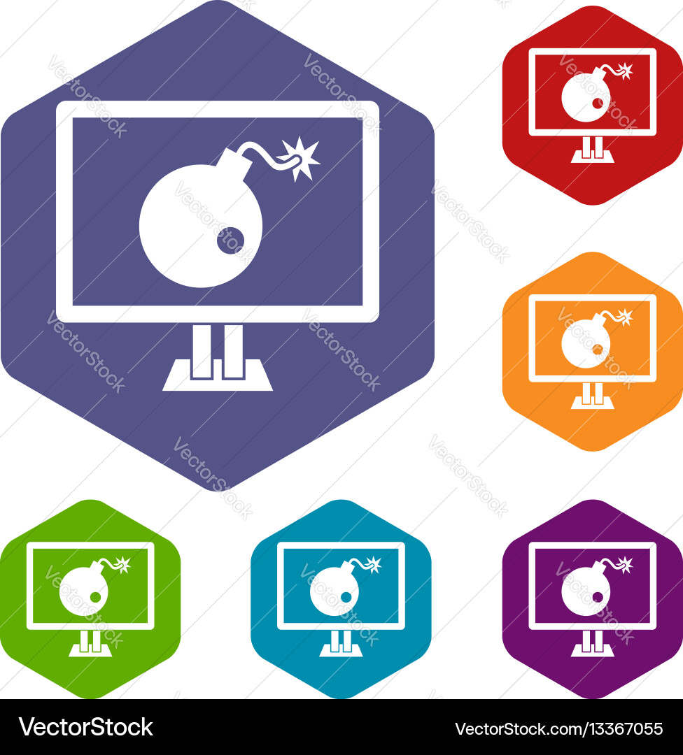 Bomb on computer monitor icons set vector image