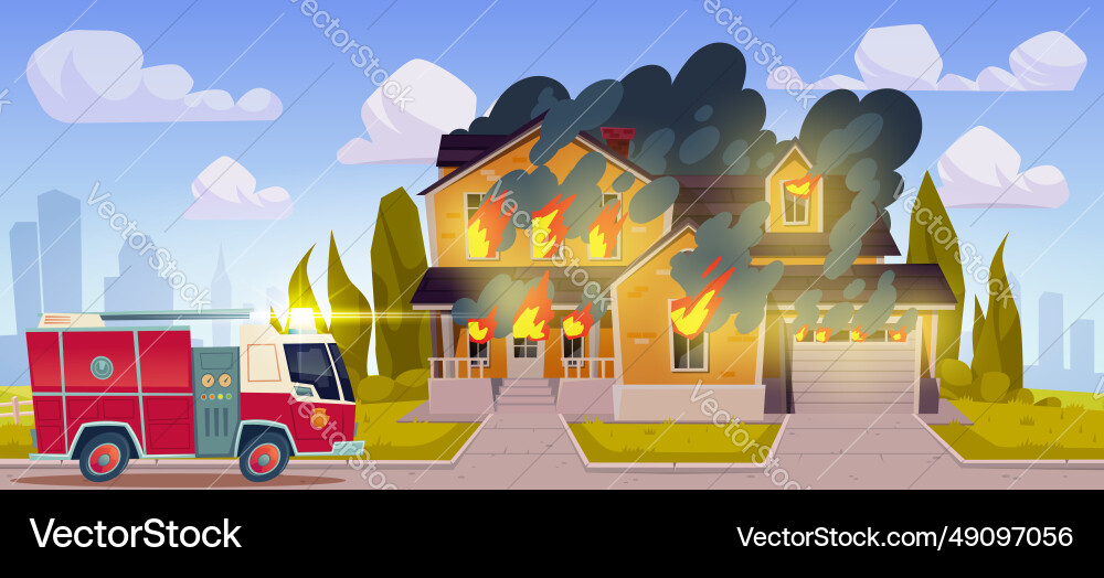 Fire engine near burning house vector image