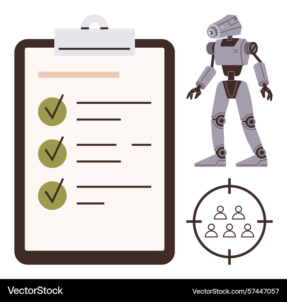 Robot beside checklist with tick marks and group Robot beside checklist with tick marks and group vector image