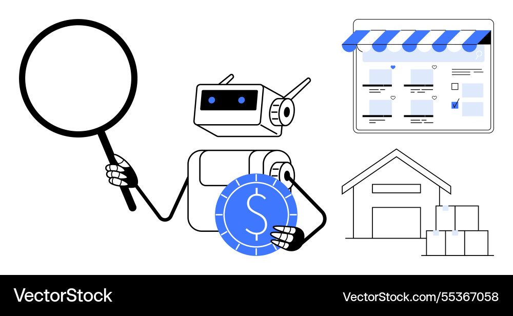 Robot analyzing e-commerce storefront Robot analyzing e-commerce storefront vector image