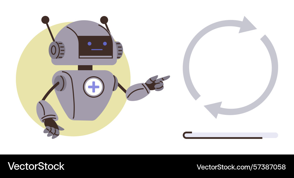 Robot pointing at circular arrows representing Robot pointing at circular arrows representing vector image