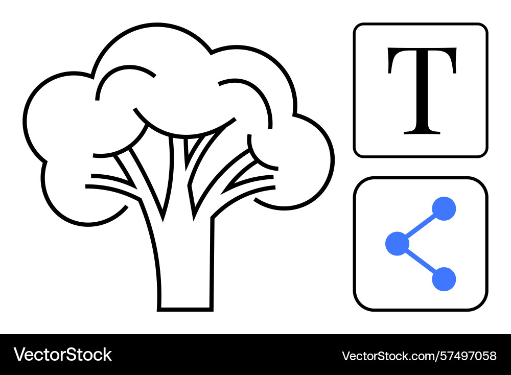 Tree outline with text icon and sharing symbol Tree outline with text icon and sharing symbol vector image