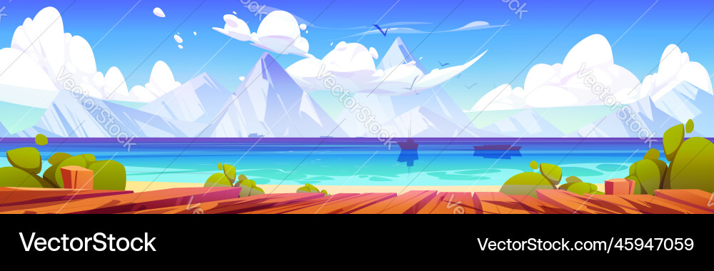 Boardwalk or pier on lake shore with mountains Boardwalk or pier on lake shore with mountains vector image