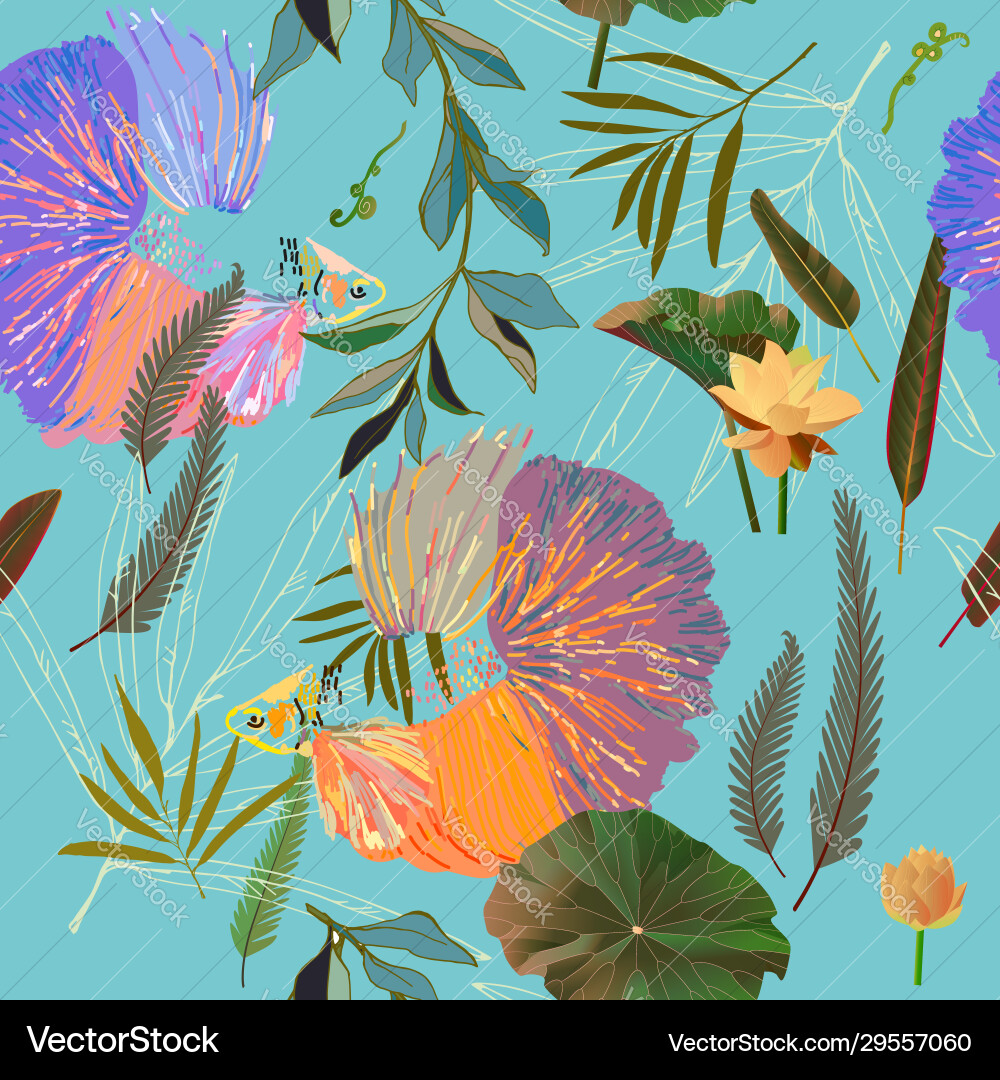Endless pattern with goldfish and algae water Endless pattern with goldfish and algae water vector image