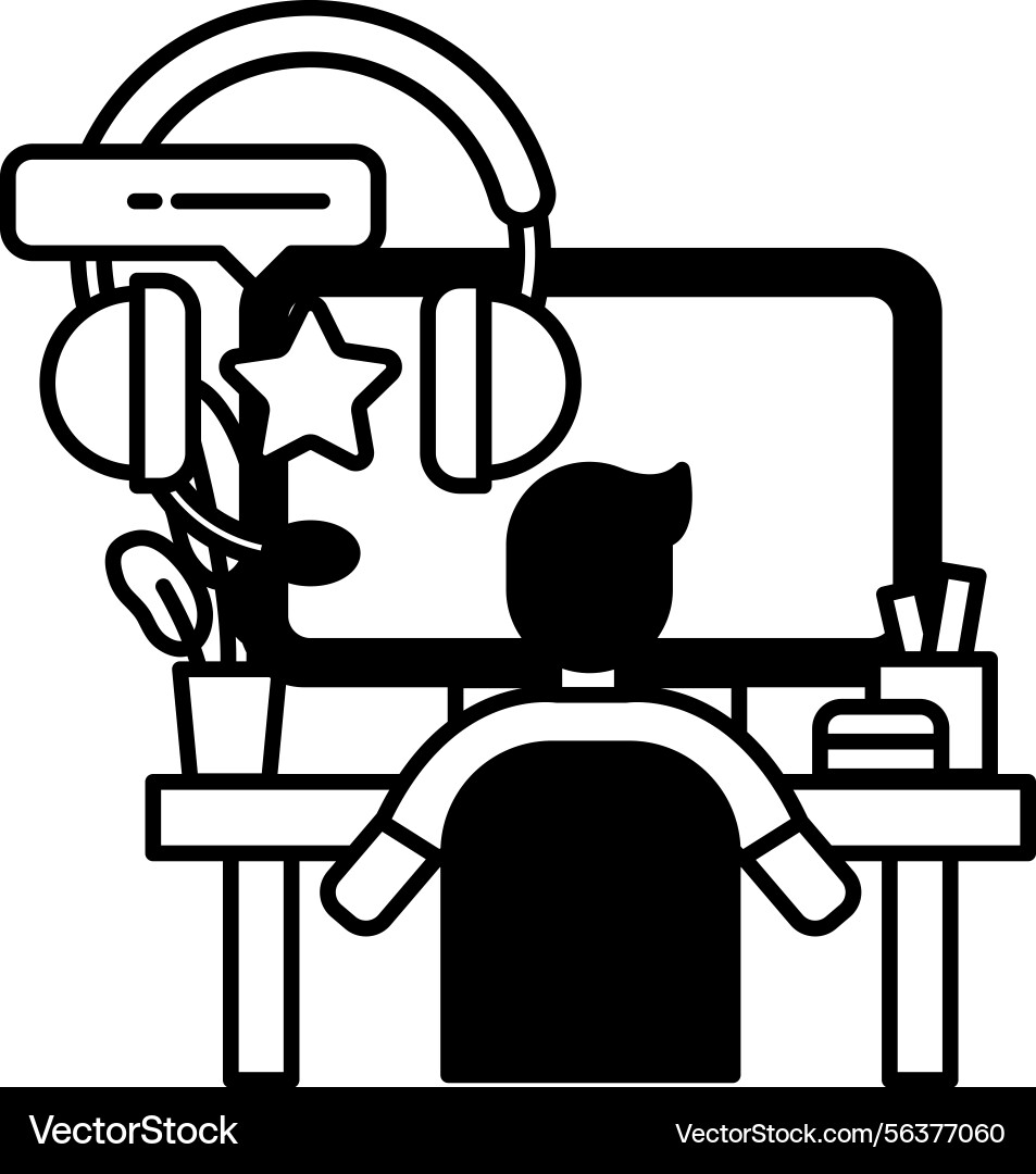 Man is sitting at a desk with computer monitor Man is sitting at a desk with computer monitor Vector Image