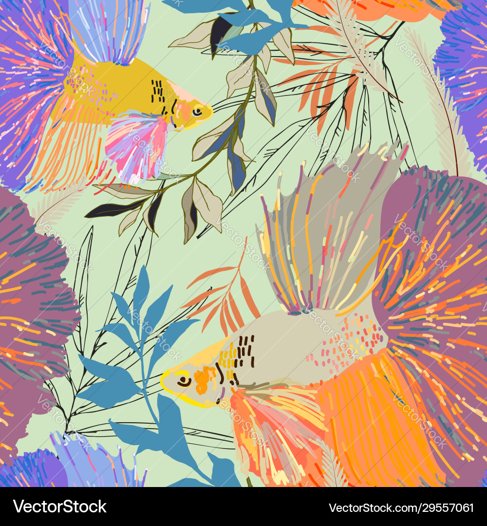 Endless pattern with goldfish and algae marine Endless pattern with goldfish and algae marine vector image