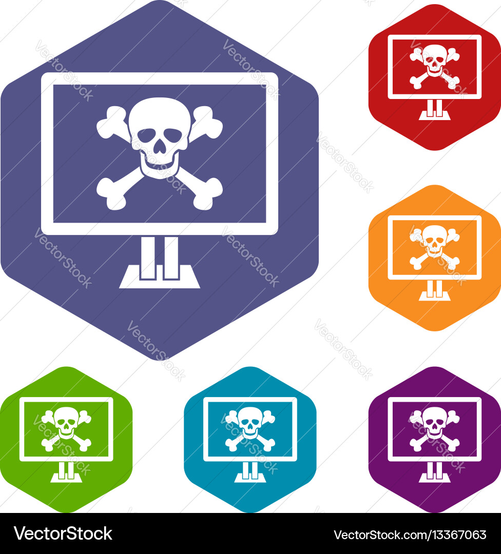 Computer monitor with a skull and bones icons set vector image